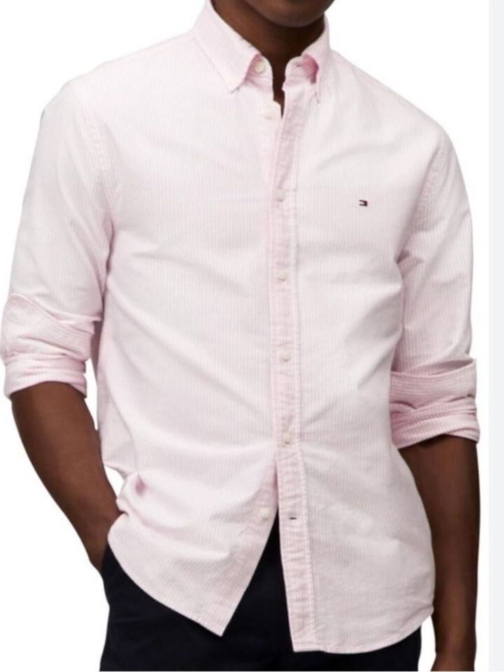 Tommy Hilfiger Pink Stripe Casual Button Down Shirt size Large